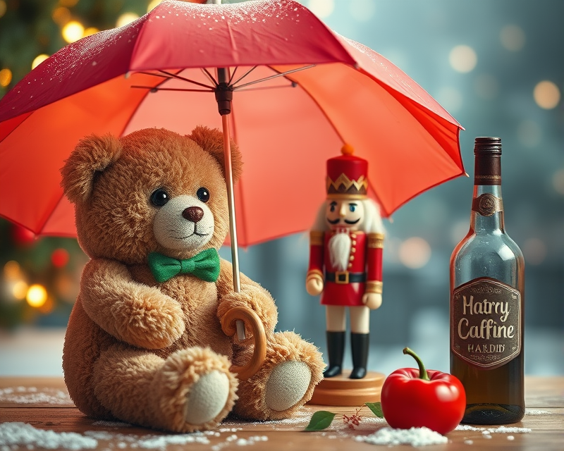 teddy bear, umbrella, nutcracker, bell pepper, bottle